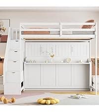 Merax Modern Farmhouse Solid Wood Murphy Cabinet Bed, No Box Spring Needed/Easy Assemble/Queen,Gray