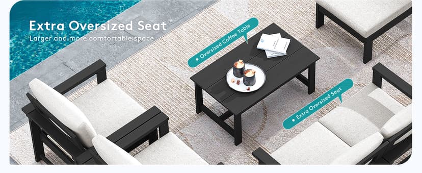 SERWALL HDPE Patio Furniture Set, 7-Piece Outdoor Sectional Sofa Set, All Weather Outdoor Couch Set for Deck, Lawn, Black Frame with Khaki Cushion