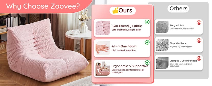 Bean Bag Chair for Adults - Large Bean Bag Chairs, Memory Foam Bean Bag with High-Rebound, Oversized Corduroy Boneless Chair, Lazy Floor Sofa for Reading Gaming Living Room Bedroom, Pink