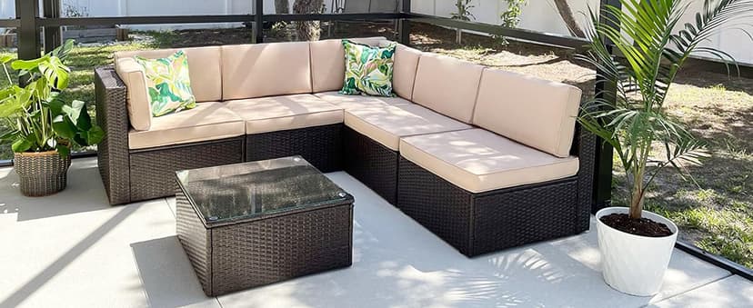 Vongrasig 5 Piece Patio Furniture Sets, All-Weather Brown PE Wicker Outdoor Couch Sectional Set, Small Conversation Set for Garden/Patio w/Ottoman, Glass Table, Red Pillow, Beige