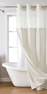 No Hooks Polyester Textured Shower Curtain with Snap-in Fabric Liner Set, Hotel Luxury Decor Shower Curtains for Bathroom with See Through Top Window, Waterproof & Washable, 71Wx74H, Cream