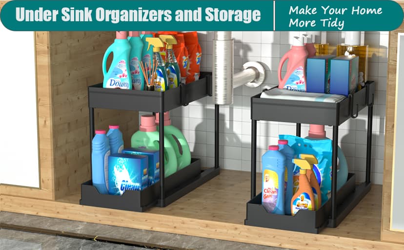2 Pack Under Sink Organizer, 2 Tier Bathroom Cabinet Organizer with Sliding Basket, Multi-Purpose Under Sink Organizers and Storage for Bathroom Kitchen