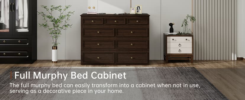 Murphy Bed Cabinet Full with Tri-Folding Mattress, Solid Wood Murphy Bed with 2 USB & 2 Charging Ports, Large Storage Drawer for Home Office or Small Space, Ebony Wood Color