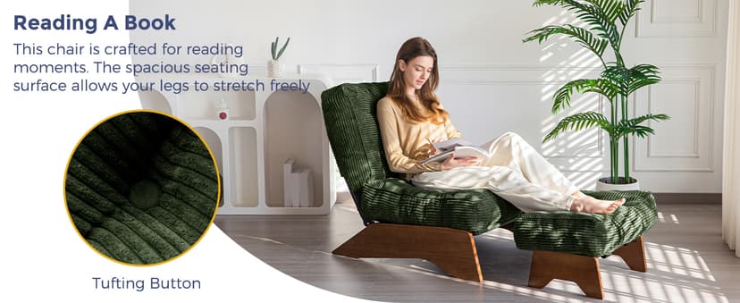 MAXYOYO Accent Chair with Ottoman Adjustable Backrest, Tufted Living Room Chair Upholstered Lounge Chair with Footrest Set, Modern Chair Cozy Reclining Chair for Reading Room, Green