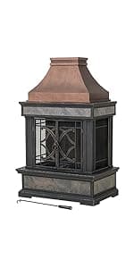 Sunjoy Outdoor Fireplace, Smith Collection Patio Wood Burning Steel Fireplace with Chimney, Spark Screen, Fire Poker, and Removable Grate, Copper with Yellow Tile