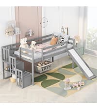 Bellemave Twin Size Loft Bed for Kids,Low Loft Bed with Slide and Ladder,Wood Loft Bed Twin for Girls Boys,Grey