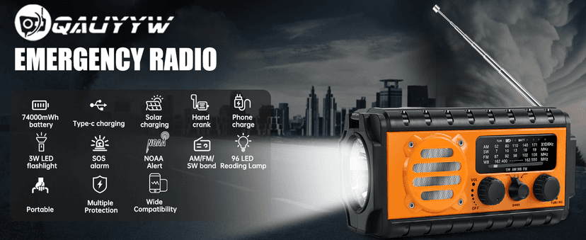 74000mWh Emergency Radio with NOAA Weather, Portable Hand Crank SW/AM/FM Survival Radio with Fast Charge Rechargeable Solar Battery, Flashlight, Reading Lamp,SOS Sirenor Home Outdoor
