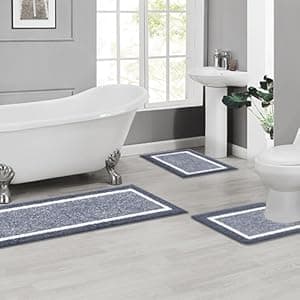 Pauwer Bathroom Rug Mat Set 3 Piece, Microfiber Shaggy Bath Set, Non-Slip Ultra Soft Carpet Mats, Absorbent with U-Shaped Toilet for Bathroom, Tub, Shower, Dark Grey