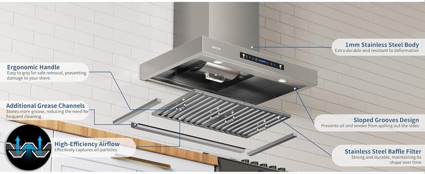 IKTCH 36-Inch Wall Mount Range Hood, 900 CFM Ducted Vent Hood with 4-Speed Fan, Gesture Sensing & Touch Control, Stainless Steel Kitchen Chimney Vent with Adjustable LED Lights