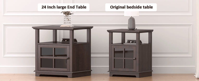 HIFYOBRO 24''Tall End Table with Charging Station, Adjustable Shelf, Storage Side Table,21" Large Nightstand for Living Room, Bedroom,Espresso