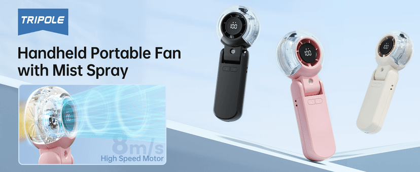 TriPole Misting Fan Portable Handheld Turbo Fan with Mist, LED Display, Neck & Desk Foldable High Speed Airflow Mini Fans, Rechargeable Personal Mister Fans with Water Spray Bottle for Outdoor Travel