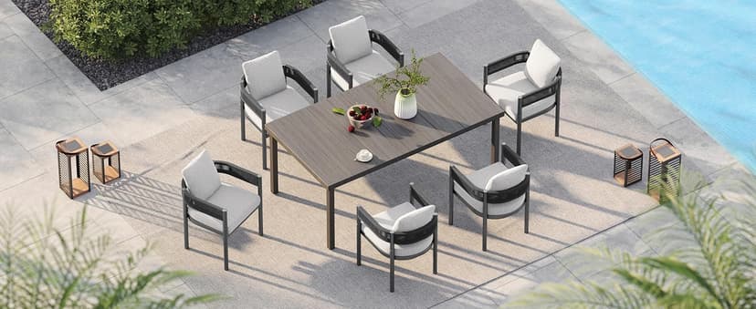 Grand patio Outdoor Dining Set for 6, 7 PCS Patio Table and Chairs Set, Metal Woven Wicker Fixed Patio Chairs with Thickened Cushions & 1 Rectangular Woodgrain Dining Table with Umbrella Hole (Black)