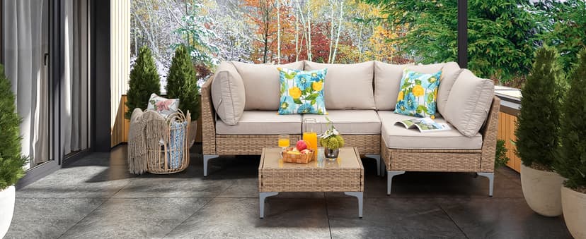 7 Piece Wicker Patio Furniture Set,Outdoor Conversation Sectional Sofa w/Coffee Table,All-Weather Outdoor Sofa with Thick and Anti-Slip Cushions for Deck,Poolside,Garden,Beige