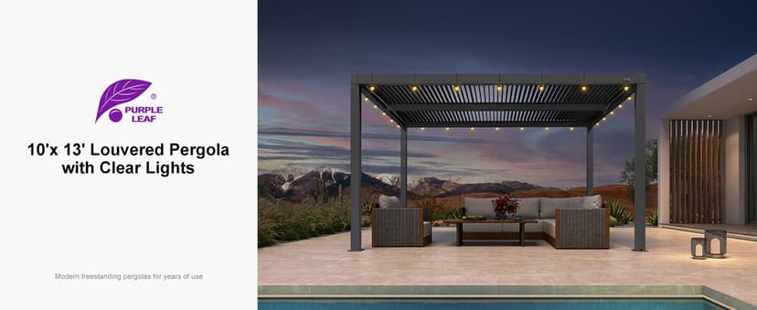 PURPLE LEAF Louvered Pergola 10' x 13' Outdoor Retractable Modern Hardtop Full Aluminum Pergola with Adjustable Rainproof Roof and 36 Clear LED String Lights for Patio Deck Backyard Slate Grey