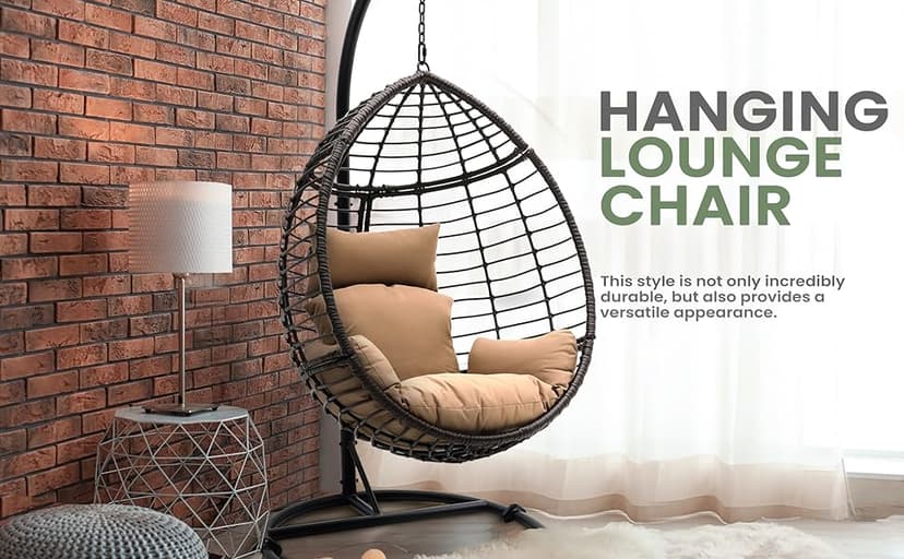 SereneLife Hanging Wicker Egg Swing Chair with Cushions & Stand – Brown Rattan Outdoor/Indoor Chair with 66 lb Capacity, Powder-Coated Steel Frame, Washable Weather-Resistant Cushions