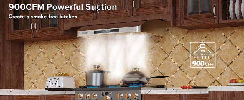 Under Cabinet Range Hood 30 Inch,900 CFM Stainless Steel Kitchen Stove Vent Hood with 4 Speed Exhaust Fan Gesture Sensing/Touch/Remote Control