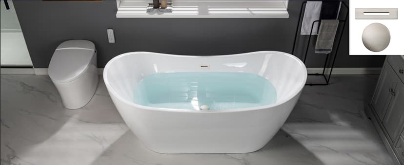 WOODBRIDGE 67" Acrylic Freestanding Bathtub Contemporary Soaking White Tub with Brushed Gold Overflow and Drain,B0010-BG
