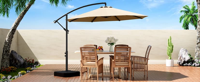 10ft Patio Umbrella with Base Included, Outdoor Offset Cantilever Umbrella w/Upgraded Yarn-dyed Fabric Shade, Sturdy 8 Rids, Easy Tilt Adjustment, for Pool Deck Porch Backyard Garden,Beige