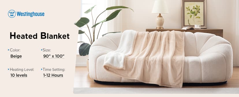 Westinghouse Electric Blanket King, Heated Blanket King Size with 10 Heating Levels and 1 to 12 Hours Heating Time Settings, Flannel to Sherpa Reversible, Machine Washable (90" x 100", Beige)