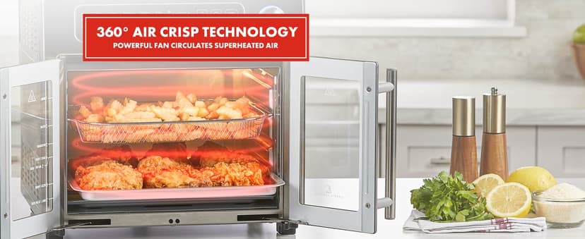 Emeril Lagasse Extra Large French Door Air Fryer Toaster Oven Combo, 24 Cooking Functions and Digital Controls, 7 Accessories Included, Stainless Steel Finish, 26QT Capacity