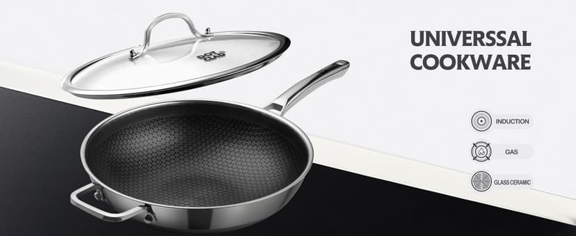 Wok pan,Hybrid 13 inch Wok with Lid, PFOA Free Cookware,non stick Stainless Steel Woks & Stir-fry pans Nonstick, Dishwasher and Oven Safe, Works on Induction