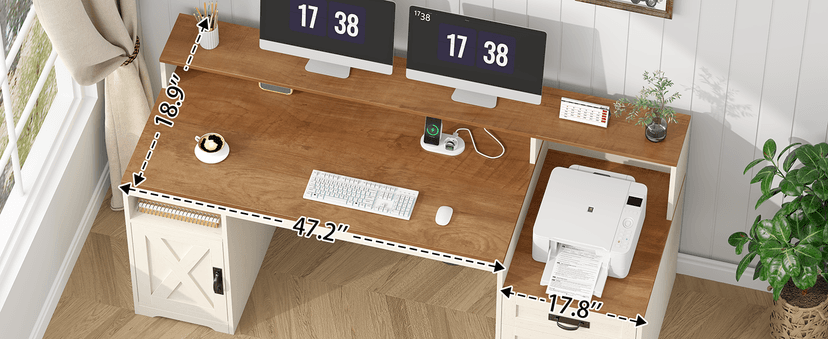 TVU Farmhouse Computer Desk with Drawers, 65'' Home Office Desk with Power Outlets, Storage Cabinet and Printer Stand, Study Writing Desks with Long Monitor Stand, White