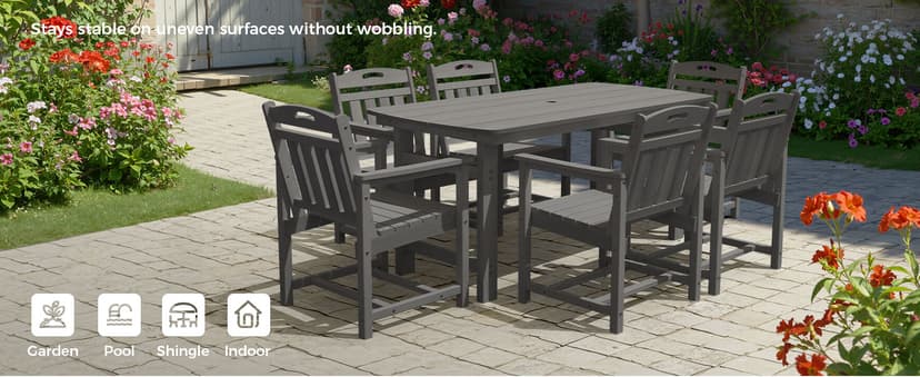 HDPE Outdoor Dining Set 7-Piece Patio Table and Chairs with Umbrella Hole, All-Weather Patio Dining Set for 6, Durable Patio Furniture Set for Backyard, Garden, Lawn & Poolside, Grey