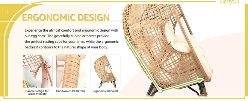 NICESOUL Wicker Egg Chair with Ottoman, Indoor Outdoor Egg Basket Lounge Chair w/Cushion, Oversized Egg Seat with Legs 440 Lbs, Comfy Cozy Boho Style Nest Chair w/Footrest for Patio, Balcony, Beige