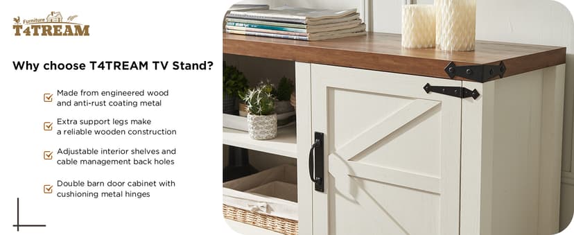 T4TREAM Farmhouse TV Stand for TVs Up to 75 inches, Wood Barn Door Media Television Console Table with Storage Cabinets, Easy Assembly Modern Entertainment Center for Living Room, Antique White
