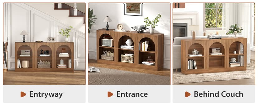 Console Table with 3-Tier Open Storage, 63" Arched Entryway Table with Carved Fluted Panels, Rectangular Wooden Sofa Table for Living Room, Hallway, or Behind Couch (1, Walnut)