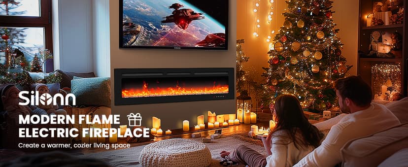 Silonn 50″Smart Electric Fireplace Heater with App & Remote Control, 5300 BTU Heat Output, Ultra-Slim Wall-Mounted or Recessed Electric Fireplace Inserts with Timer, 20 Flame Colors,WiFi Enabled