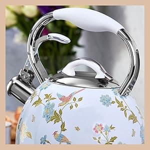 Laura Ashley Elveden White Stovetop Kettle with Whistle - 2.5L Fast Boil Stainless Steel Kettle Stove Top - Silicon Coated Cool Handle Camping Kettle for Gas, Induction Hob - Compatible with Aga Stove