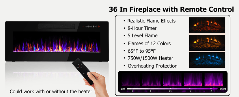 Lemberi Fireplace tv Stand with 36 inch Fireplace Up to 80" TVs,LED Light Entertainment Center and Storage, 70" Modern Wood Media TV Console with Highlight Cabinet for Living Room (White)