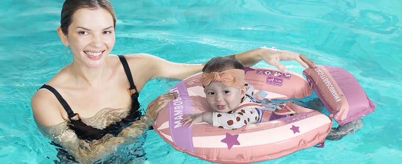 MAMBOBABYFLOAT Light Traveler 2025 — Safe, Comfortable, Adjustable Baby Pool Float with Canopy — Sun Protection, Self-Inflating, 5-Way Buckle System (Hot Air Balloon, Pink)