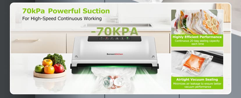 Bonsenkitchen Food Vacuum Sealer Machine with External Vac Function, Built-in Cutter & Bag Storage, 5 Modes for Various Food Types, Includes 10 Bags & 1 Roll (Silver)
