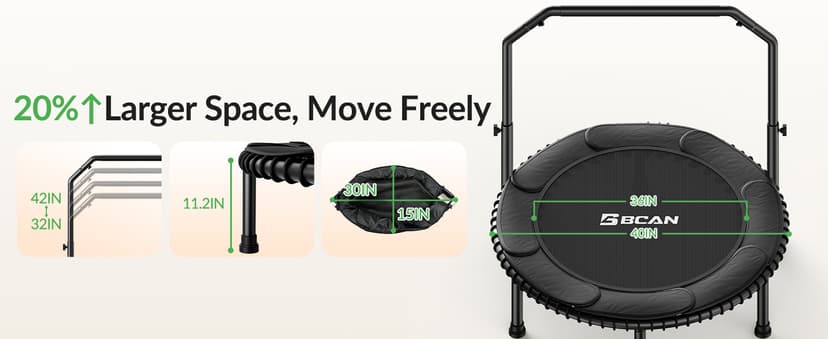 BCAN 40"/48" Mini Rebounder Trampoline for Adults with Bar, 450/550LBS Fitness Trampoline with Bungees, Adjustable Handle, Stable & Quiet, Indoor Outdoor, Whole-Body Workout & Relaxation at Home