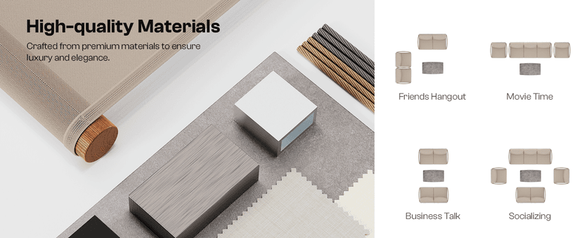 Aluminum Outdoor Patio Furniture Set, HDPE Rope 5 Piece Modern Sectional Conversation Sets with Dual-Layer Coffee Table, All Weather Patio Couch Sofa with Thick Cushions, Gray Frame, Gray