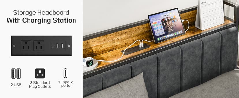 Queen Bed Frame with Headboard, Metal Platform Bed with Smart LED Lights and USB Charging Station, Easy Assembly, No Box Spring Needed