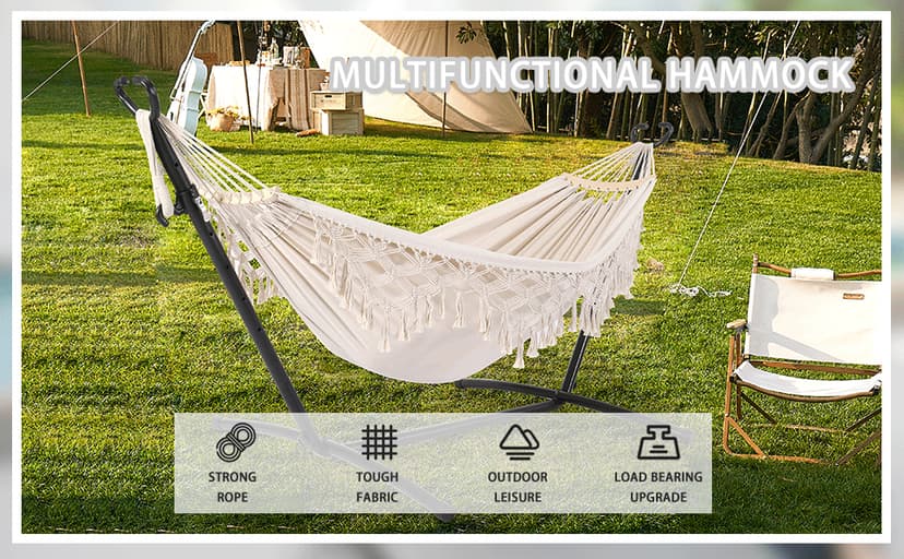 Double Hammock with Stand Upgraded Phone Holder Portable Heavy Duty Stainless Steel Indoor Outdoor Patio Yard Beach with Carrying Case (2022 Beige)