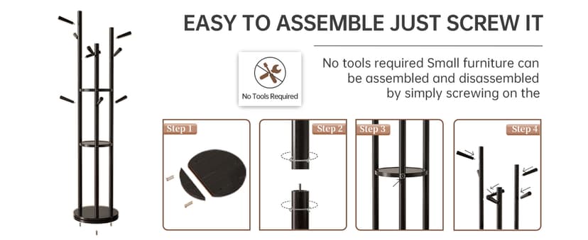 KungFuWood Coat Rack, Solid Wood Rotary Coat Rack Stand, Freestanding Coat Rack with 3 Shelves and 9 Hooks, Sturdy and Easy to Assemble Coat Tree for Entryway, Bedroom, Coats, Bags (Black)