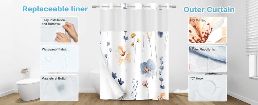 No Hook Shower Curtain with Snap in Liner - Watercolor Floral Shower Curtain - Fabric Waterproof Inner Liner, Plants Blue Beige Flowers White Cloth Shower Curtains Washable, 71 x 74 Inch