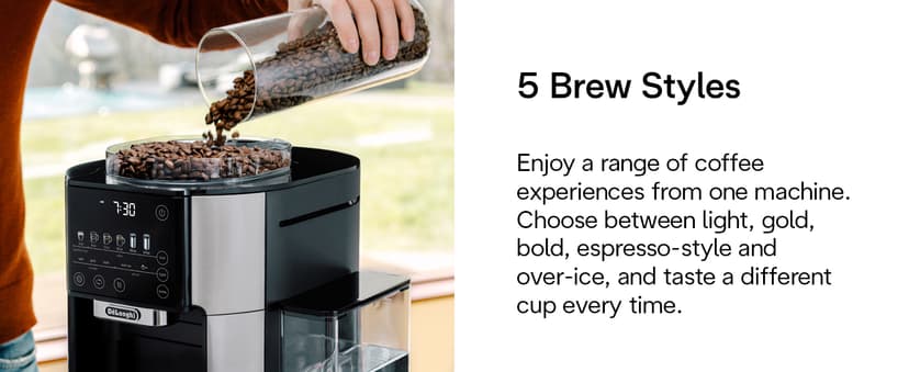 De'Longhi True Brew Drip Coffee Maker, Built in Grinder, Single Serve, 8 oz to 24 oz, Hot or Iced Coffee, Stainless, CAM51025MB