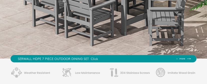 SERWALL Outdoor HDPE Dining Table Set, 7-Piece Outdoor Dining Table Sets with Umbrella Hole Cut-Out Table and 6 Chairs, Gray