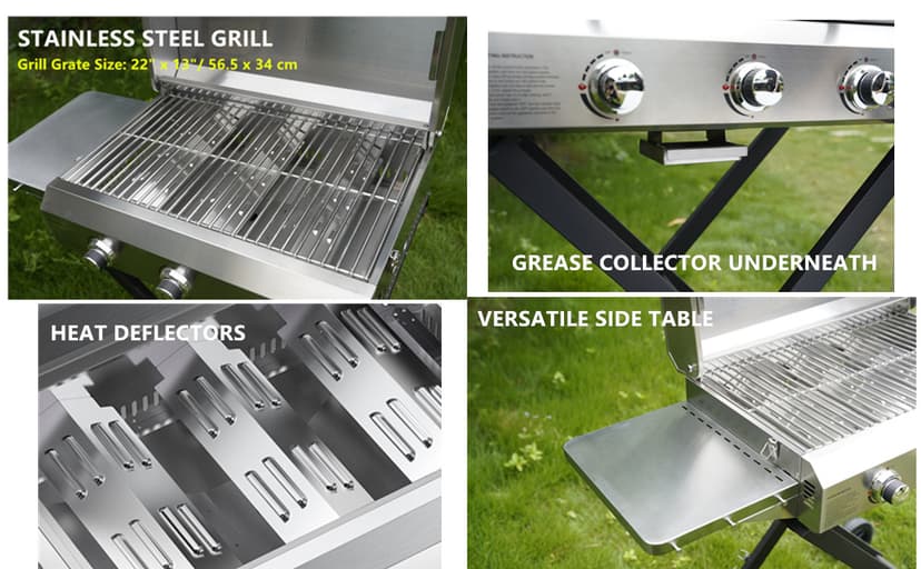 Onlyfire BBQ Gas Grill 3-Burner with Foldable Cart & Side Table, Portable Propane Grill with Lid for Outdoor Patio Backyard Barbecue Camping Tailgating RV Trip, Stainless Steel, GS308