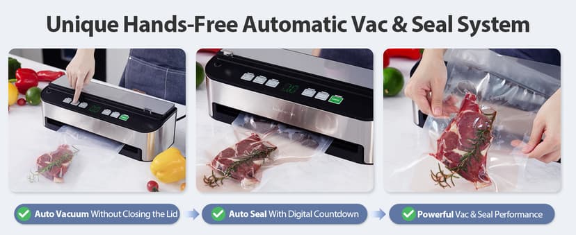 PressFree TRUE-Auto Vacuum Sealer Machine, Beelicious 85KPA Fully Automatic 8-IN-1 Food Sealer with Bags Storage, Build-in Cutter, Moist Mode and Air Suction Hose | Digital Countdown | Sous Vide