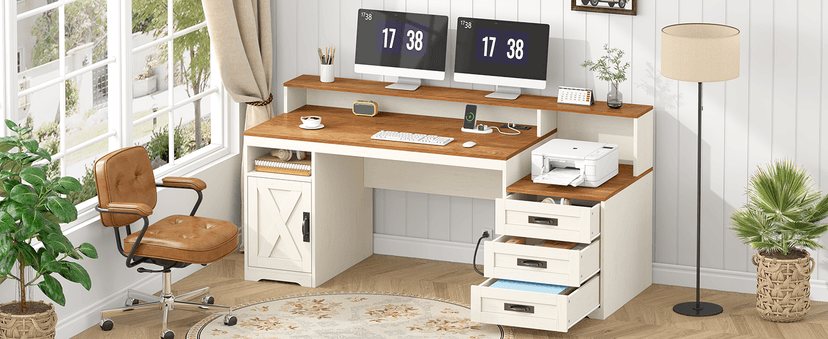 TVU Farmhouse Computer Desk with Drawers, 65'' Home Office Desk with Power Outlets, Storage Cabinet and Printer Stand, Study Writing Desks with Long Monitor Stand, White