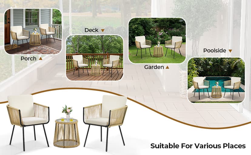 Yaheetech 3 Piece Patio Rattan Bistro Set, Outdoor All Weather PE Wicker Conversation Furniture Set with 2 Chairs & Tempered Glass Top Table & Cushions, for Poolside/Porch/Garden/Yard, Tan/Cream