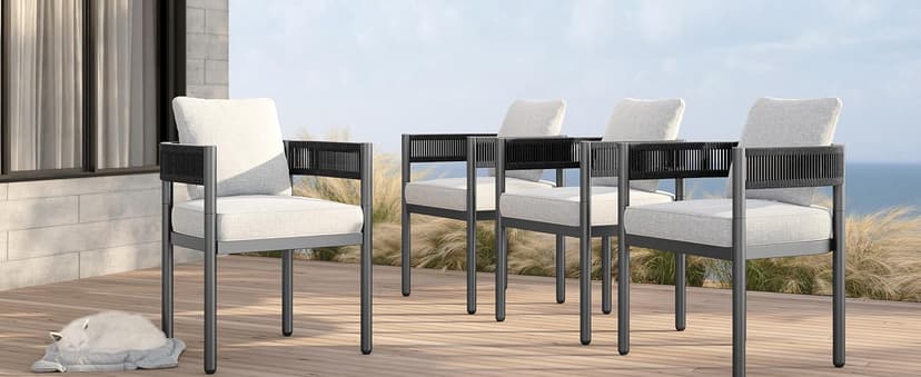 Grand patio Outdoor Dining Chairs Set of 4, 4 Pieces Patio Dining Chairs, Metal Woven Wicker Fixed Patio Chairs with Grey Cushions for Backyard, Deck, Garden, Porch, Lawn and Poolside (Black)