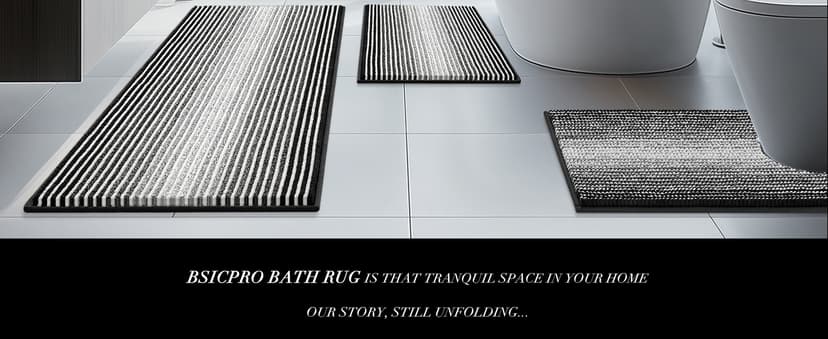 BSICPRO Bathroom Rugs Sets 3 Piece, Toilet Rugs U-Shaped Contour Bath Mat Set, Striped Absorbent Non Slip Chenille Shower Mats for Bathroom, Black