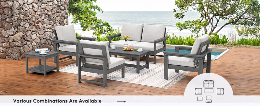 SERWALL HDPE Patio Furniture Set, 7-Piece Outdoor Sectional Sofa Set, All Weather Outdoor Couch Set for Deck, Lawn, Grey Frame with Khaki Cushion
